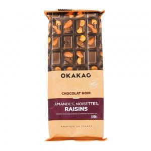 Chocolat noir amandes, noisettes, raisins 180g 