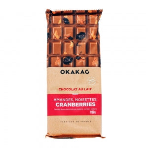 Chocolat Lait Amandes, Noisettes, Cranberries 180g 